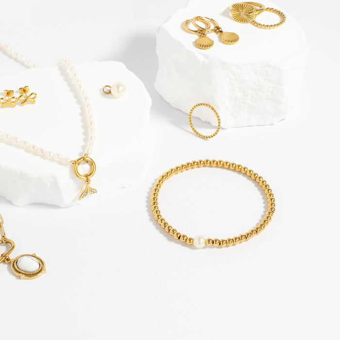 18K Gold PVD Stainless Steel Stretch Bracelet with Pearl