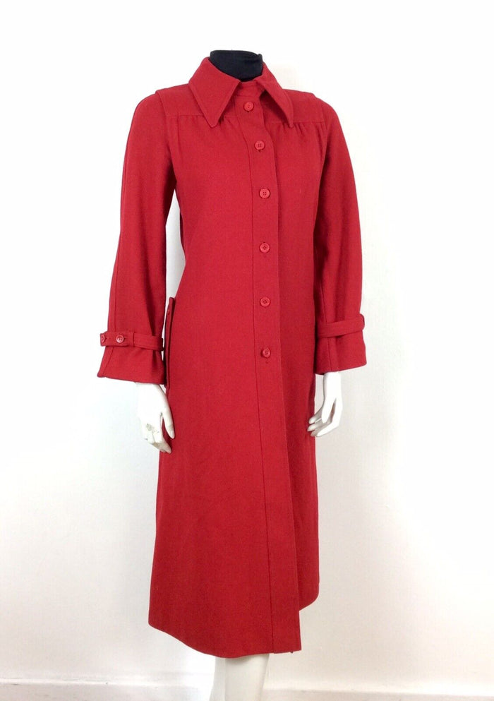 60s 70s VINTAGE PILLARBOX CHERRY RED WOOL WINTER DRESS MAXI DUSTER COAT 12 14