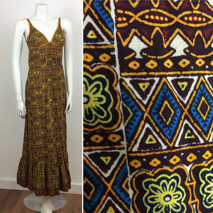 60S 70s VTG BROWN ORANGE BATIK PRINT FESTIVAL TRIBAL BOHO MAXI DRESS 10 12