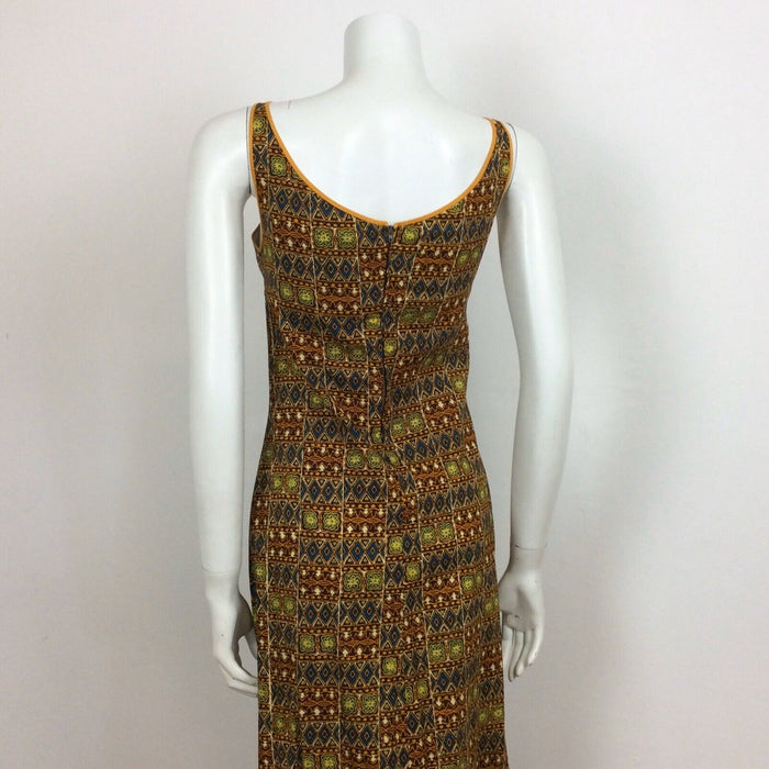 60S 70s VTG BROWN ORANGE BATIK PRINT FESTIVAL TRIBAL BOHO MAXI DRESS 10 12
