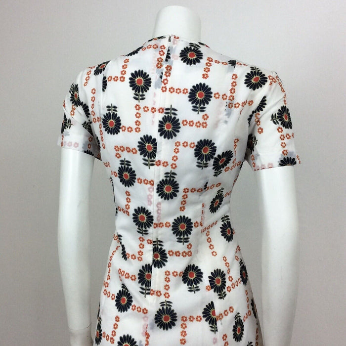 60s VINTAGE WHITE BLACK RED FLORAL FLOWER DAISY PATTERN DRESS 14