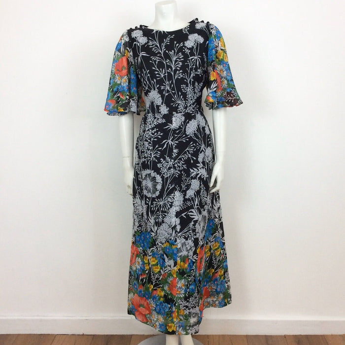 70S VINTAGE BLACK WHITE GARDEN PRINT FLARED FLUTTED SLEEVE MAXI DRESS 14