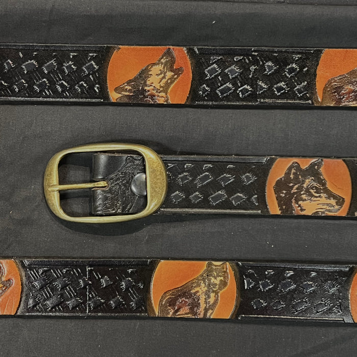 Belt Painted Wolf Scene: Complete your outfit with this rustic leather snap belt with tarnished brass buckle or stainless ste