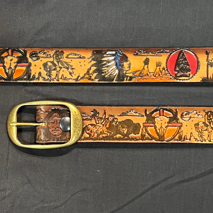 Belt Painted Indian Scene: Complete your outfit with this rustic leather snap belt with tarnished brass buckle or stainless s
