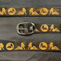 Belt Mud Flap Girl: Complete your outfit with this rustic leather snap belt with tarnished brass buckle or stainless steel