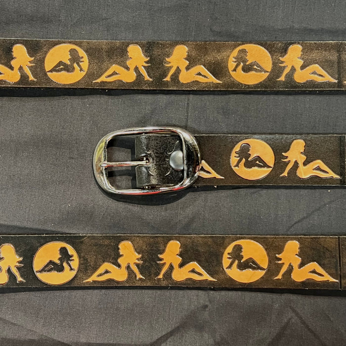 Belt Mud Flap Girl: Complete your outfit with this rustic leather snap belt with tarnished brass buckle or stainless steel