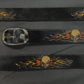 Belt Skull & Flame: Complete your outfit with this rustic leather snap belt with tarnished brass buckle or stainless steel