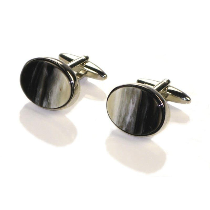 A pair of oval-shaped Abbeyhorn cufflinks with a rhodium handle, displayed against a white background.