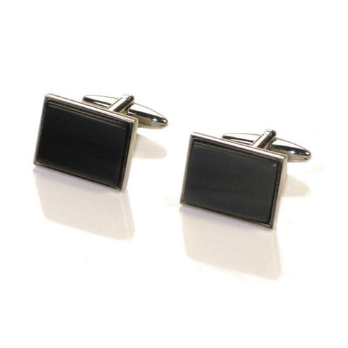 A pair of black rectangular oxhorn cufflinks with a rhodium finish and a swivel barrel design.