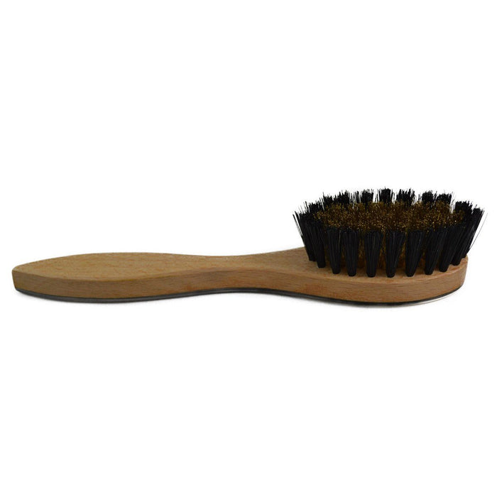 A hand crafted suede brush with a boar bristle head and an oxhorn back attached to a beechwood handle.