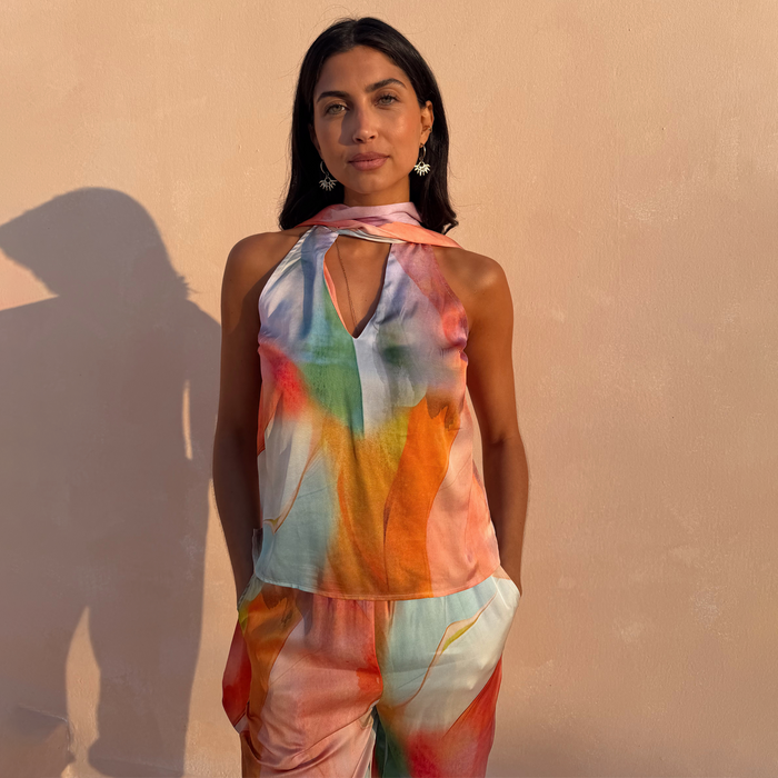 Abstract Lily Top featuring a multi-coloured print and multi-wear tie neck, styled as a premium co-ord.