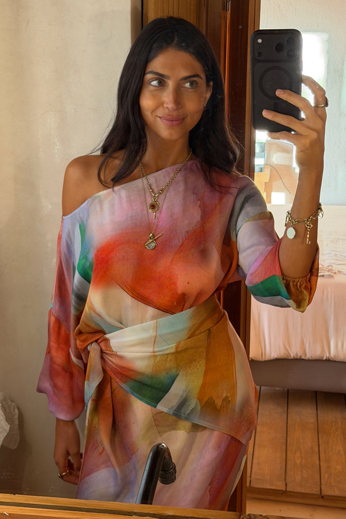 Abstract Scarf in a multi-colour print, styled as a multi-wear draped top with an off-the-shoulder neckline.