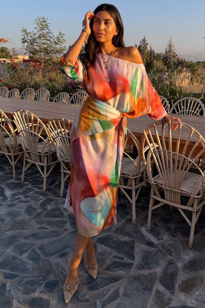 Multi-coloured abstract scarf, designed in London and styled as a multi-wear look on a 5ft7” model wearing size S/M.