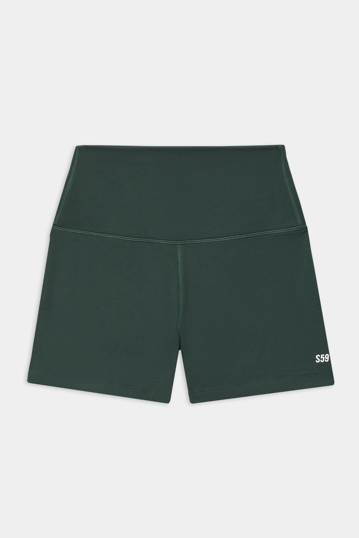 SPLITS59 Airweight High Waist 3.5” Short in Military: dark green spandex activewear shorts with visible stitching and a small white "S59" logo on the front left leg.