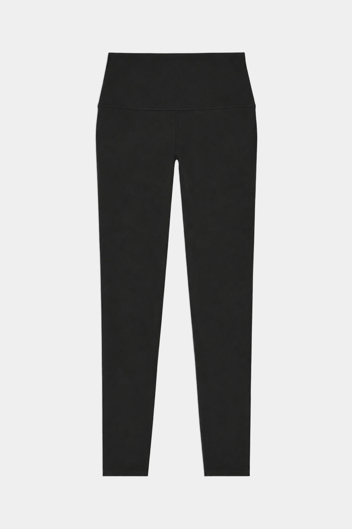 The SPLITS59 Airweight High Waist Legging in Black, made from buttery-soft fabric, is ideal for hot yoga or everyday wear and is shown full-length and laid flat on a white background.