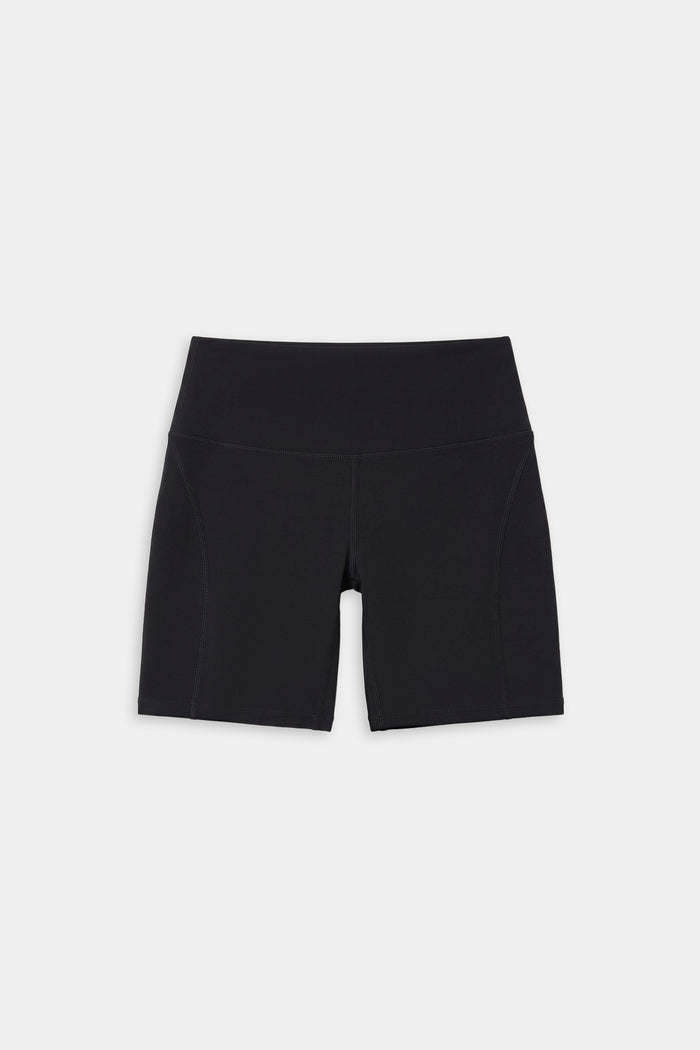 SPLITS59 Airweight High Waist Pocket Short 6” in black features a fitted design and is made from stretchy nylon spandex athletic fabric, shown against a plain white background.