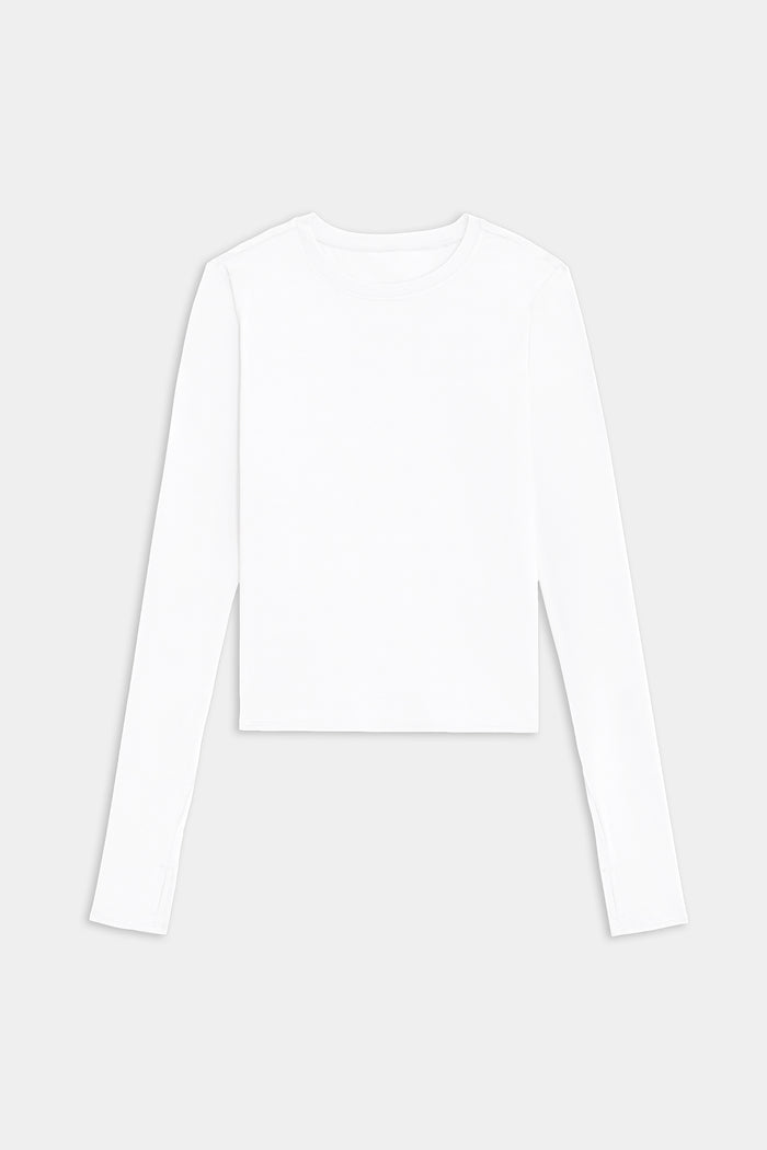 The SPLITS59 Airweight Lite Long Sleeve Waist Length tee in white is a lightweight, crew neck top, laid flat on a white background—ideal for gym workouts and quick-dry comfort.
