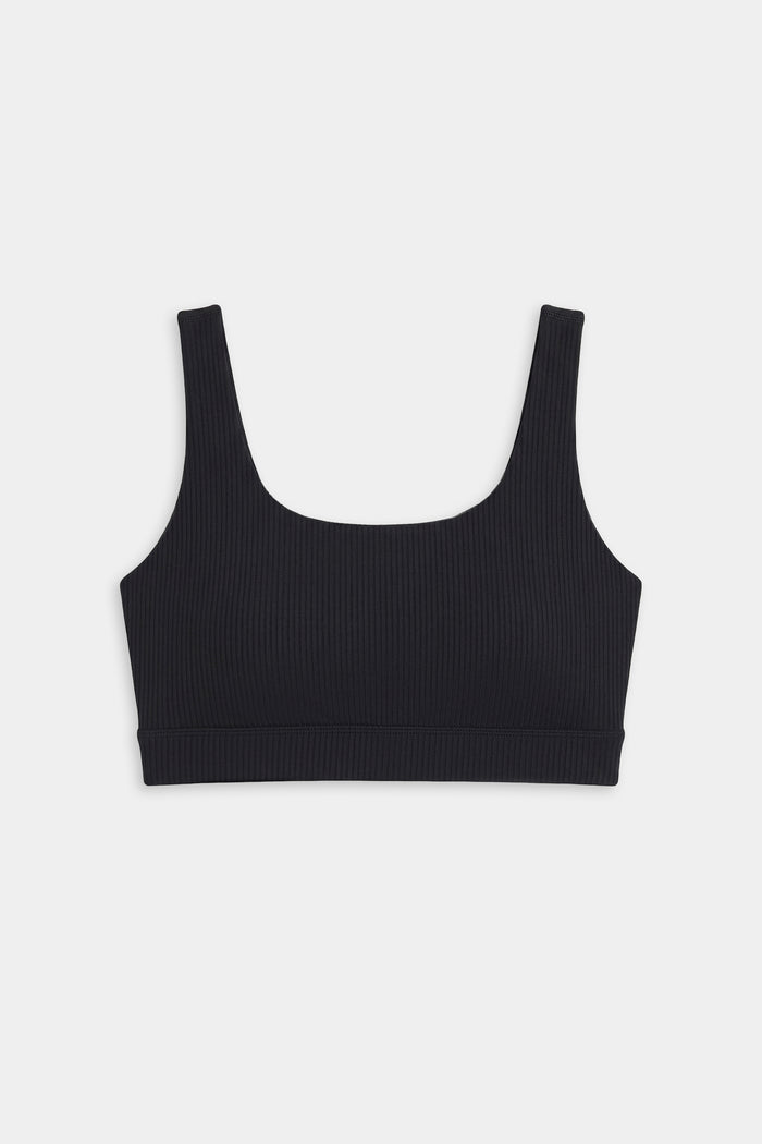 The SPLITS59 Airweight Rib Bra - Black features wide shoulder straps and a square neckline, crafted from moisture-wicking fabric—ideal for hot yoga—shown against a plain white background.
