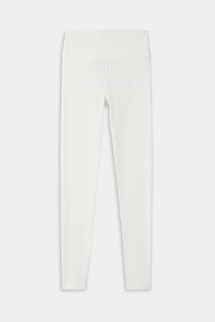 The SPLITS59 Airweight Rib High Waist 7/8 leggings in white are shown flat on a plain background—ideal for Pilates or hot yoga sessions.