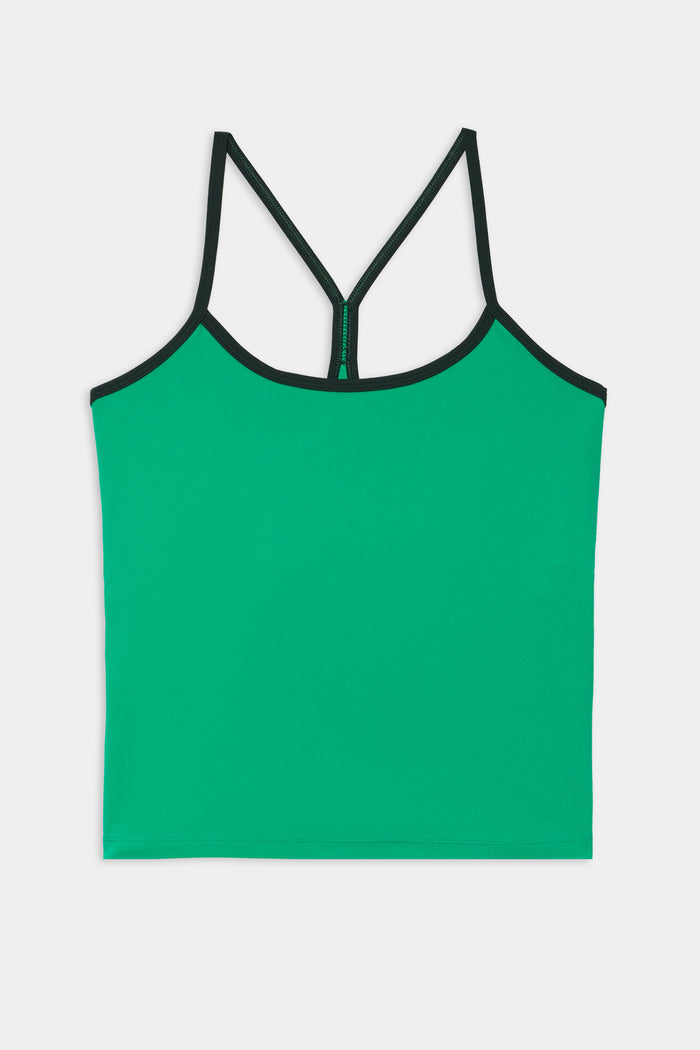The SPLITS59 Airweight Tank in Spearmint/Military features black spaghetti straps and trim, crafted from stretchy nylon spandex for comfortable activewear, shown on a white background.