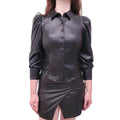 ALICE + OLIVIA BLACK VEGAN LEATHER BUTTON UP SHIRT WITH PUFF SLEEVE - SIZE S