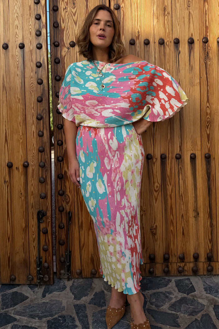 Animal Print Tilly Dress in a multicoloured metallic fleck print, with a voluminous top and fitted midaxi skirt.
