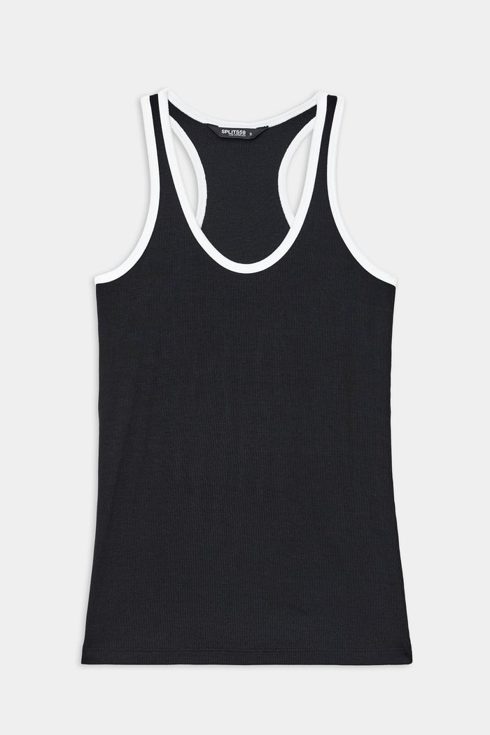 The SPLITS59 Ashby Rib Tank in black with white trim features a racerback design, ideal for yoga or gym workouts, shown flat on a white background.