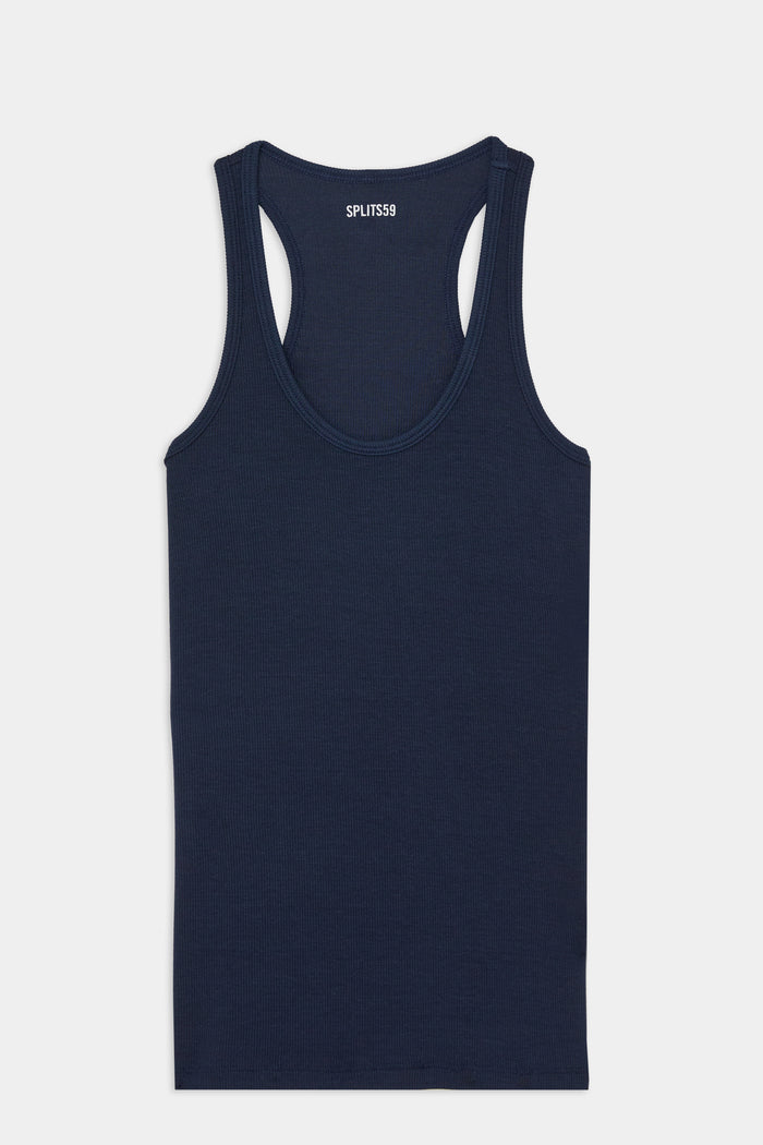 Flat view of a dark blue tank top