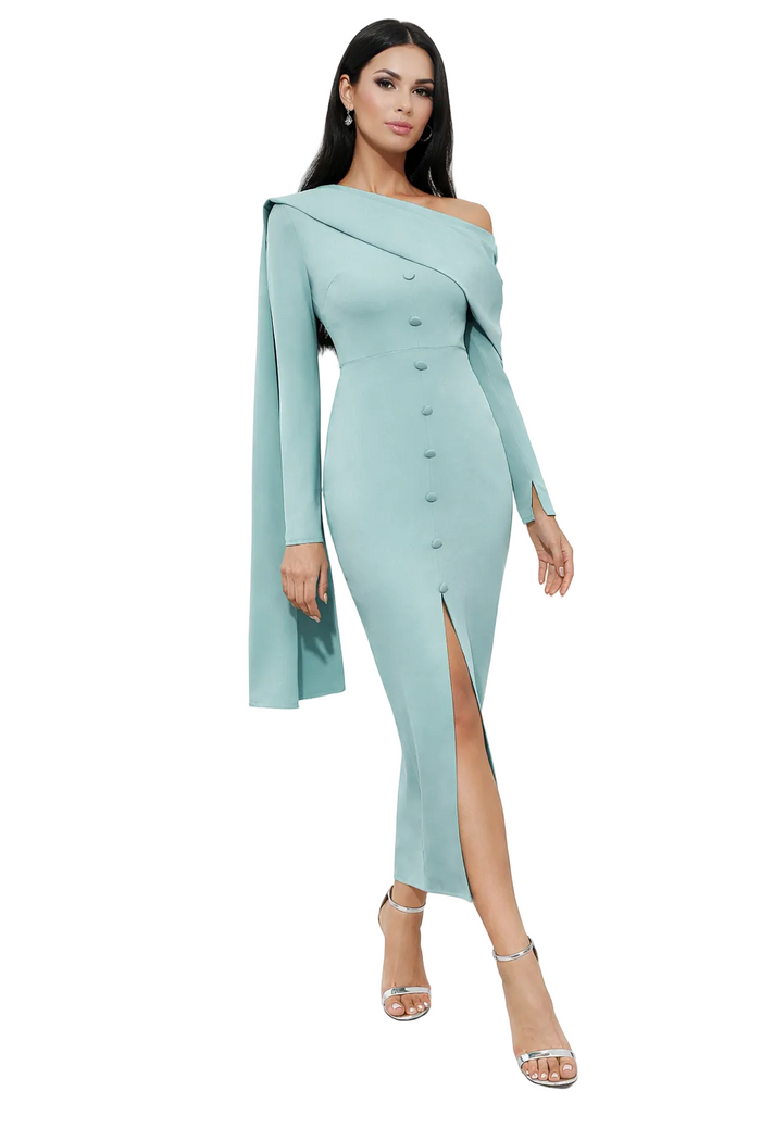 Asymmetric button-front midi dress with long sleeves – SEREN
