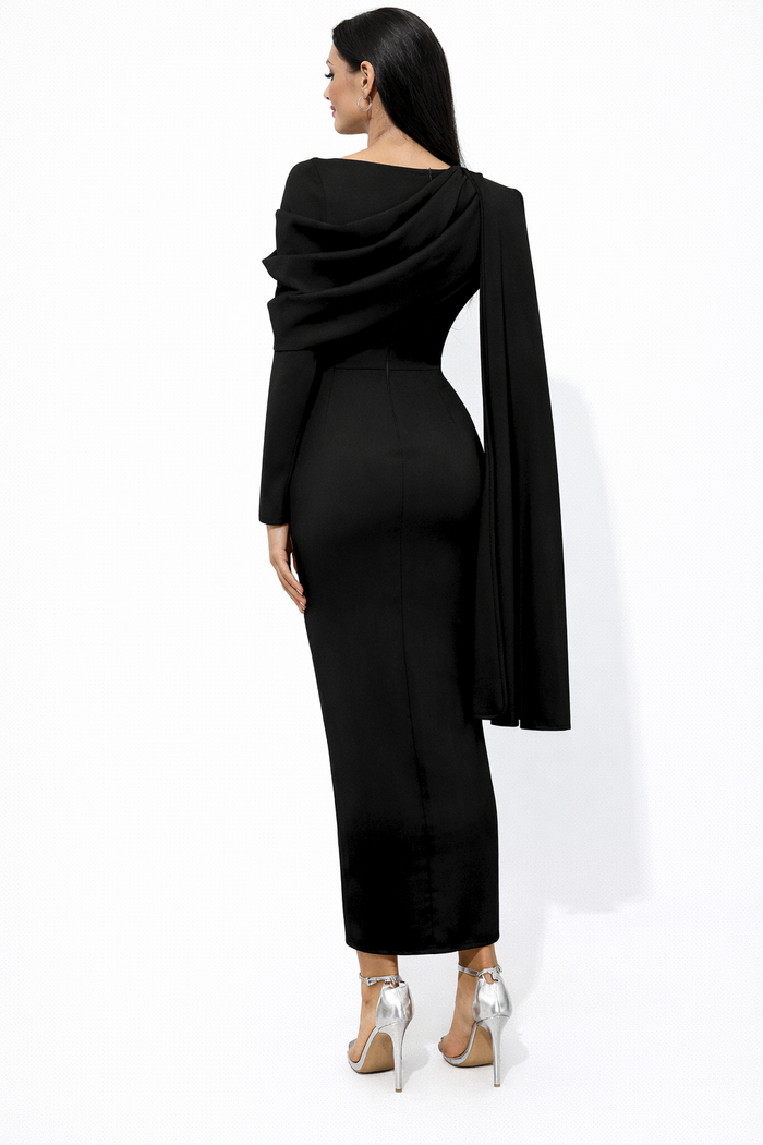 Asymmetric button-front midi dress with long sleeves – SEREN