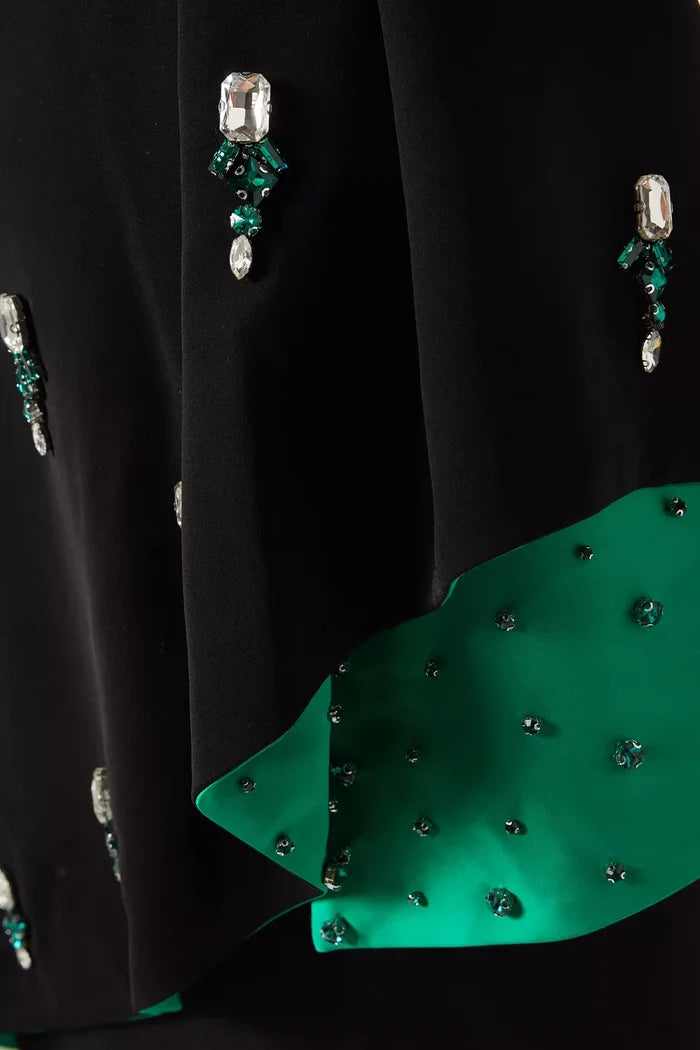 asymmetrical embroidered gown with emerald satin detail – NOIR
