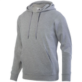 A heather grey hooded sweatshirt with a front kangaroo pocket and adjustable drawstrings.