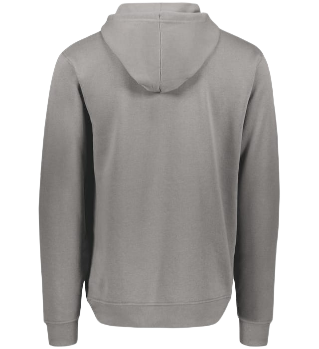 Back view of a solid gray long-sleeved hoodie featuring a hood, ribbed cuffs, and a ribbed hem.