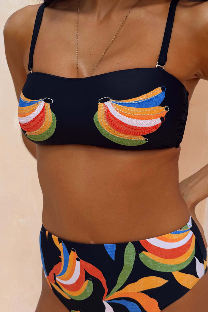Banana Bandeau Bikini Top in black featuring colourful embroidered banana motifs and adjustable shoulder straps.