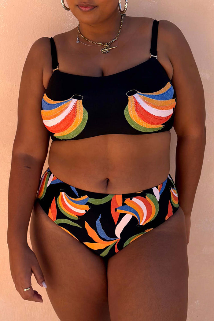 Banana High Waisted Bikini Bottoms with a multi-colour print on a black base, paired with the matching top.