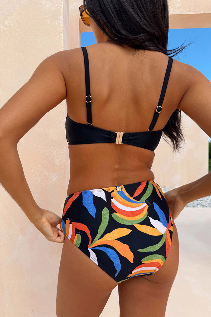 Banana High Waisted Bikini Bottoms with a multi-colour banana print on a black base, featuring a gold NFD logo on the back.
