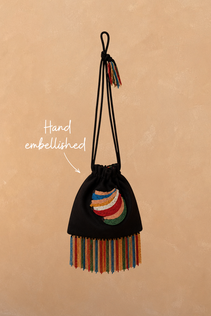 Black Banana Pouch Bag with a hand-embellished beaded banana motif and multicolour tassel fringe detailing.