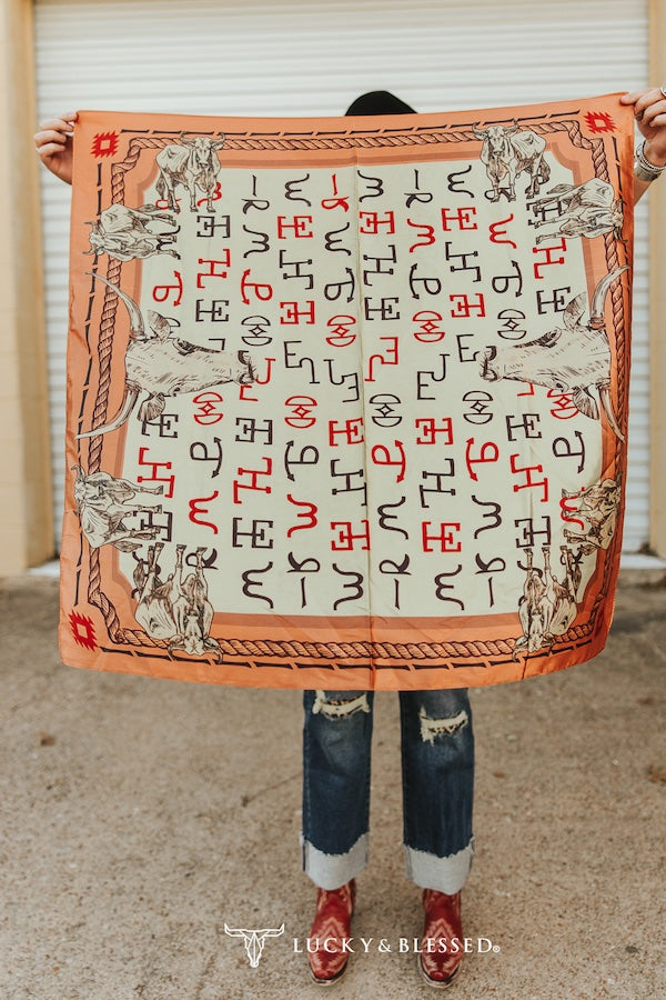 Beige Western Cattle Brand Printed Wild Rag