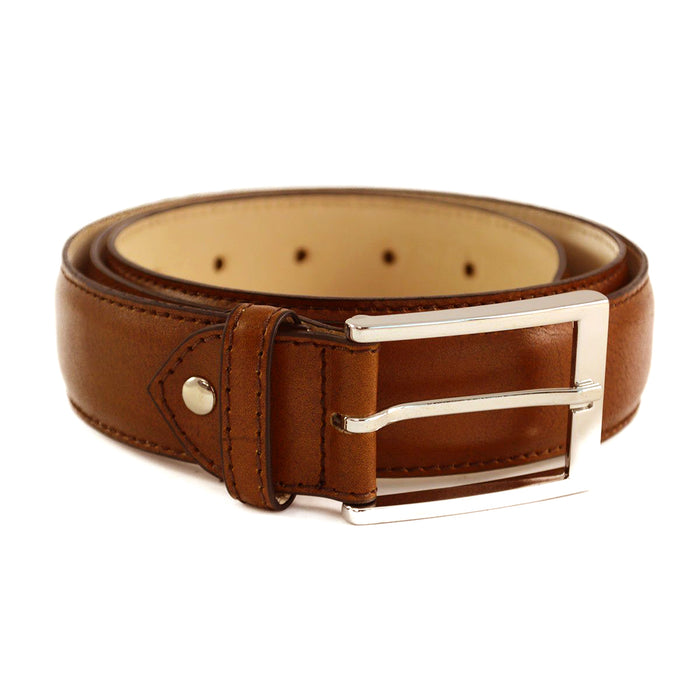 A Berwick 1707 brown calf leather belt with a silver chrome buckle, displayed on a white background.