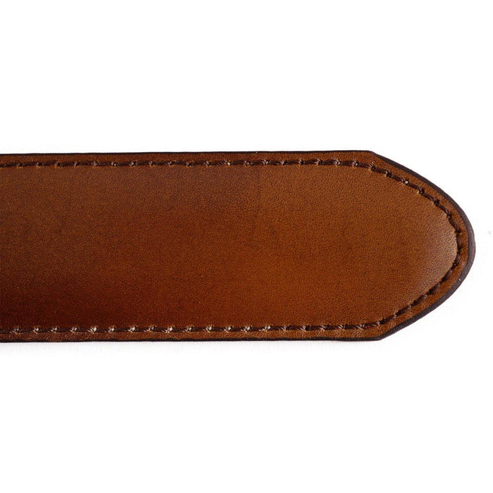 A Berwick 1707 brown calf leather belt with a silver chrome buckle, displayed on a white background.