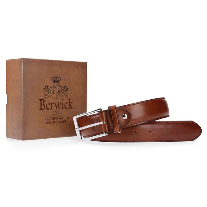 A Berwick 1707 brown calf leather belt with a silver chrome buckle, displayed on a white background.