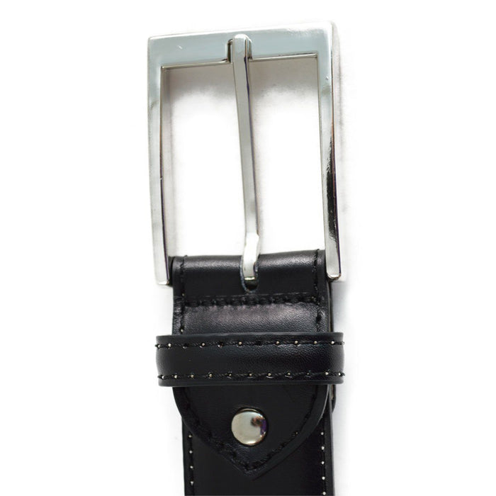 A Berwick 1707 black calf leather belt with a silver chrome buckle, displayed on a white background.