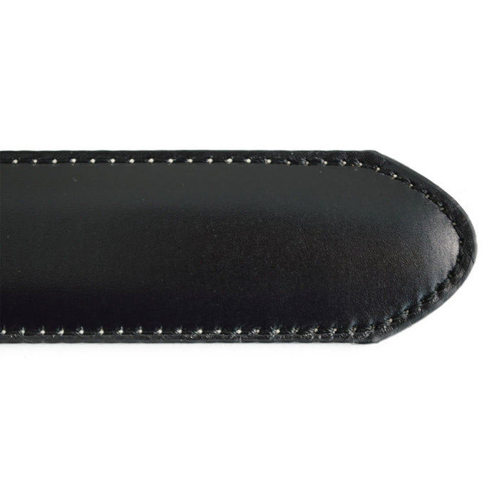 A Berwick 1707 black calf leather belt with a silver chrome buckle, displayed on a white background.