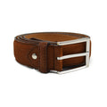 A brown suede leather belt with a silver chrome buckle, displayed against a white background.