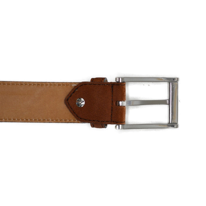 A brown suede leather belt with a silver chrome buckle, displayed on a white background.