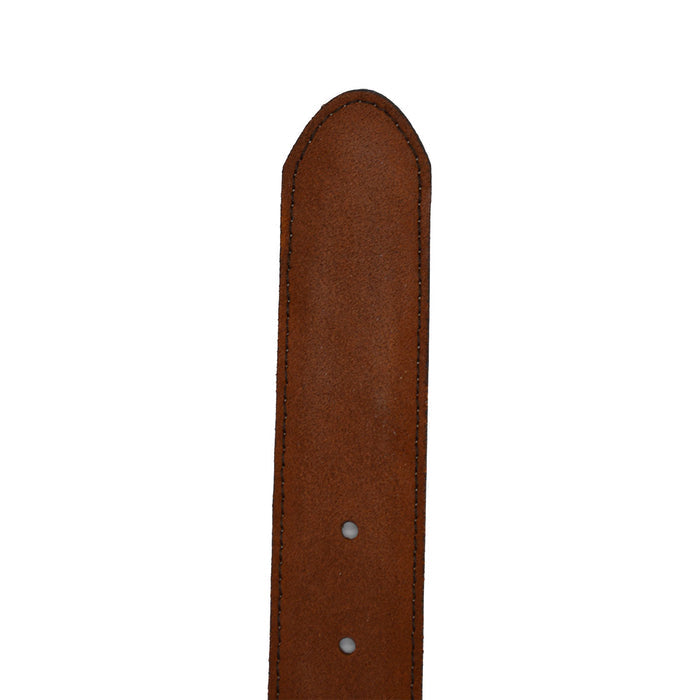 A brown suede leather belt with a silver chrome buckle, displayed on a white background.