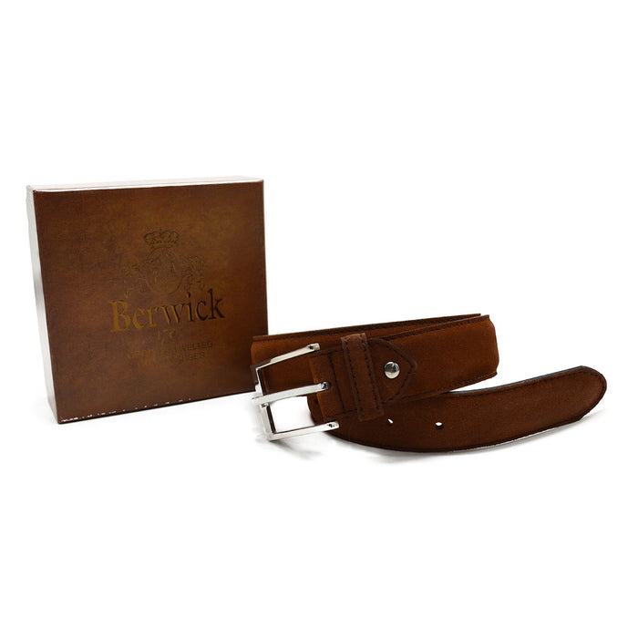 A brown suede leather belt with a silver chrome buckle, displayed on a white background.