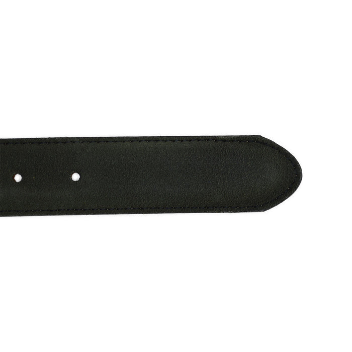 A green suede leather belt with a silver chrome buckle, displayed on a white background.