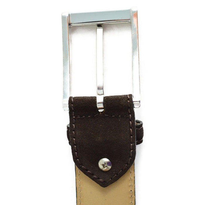 A brown suede leather belt with a silver chrome buckle, displayed on a white background.