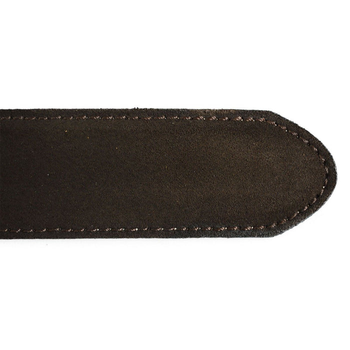 A brown suede leather belt with a silver chrome buckle, displayed on a white background.